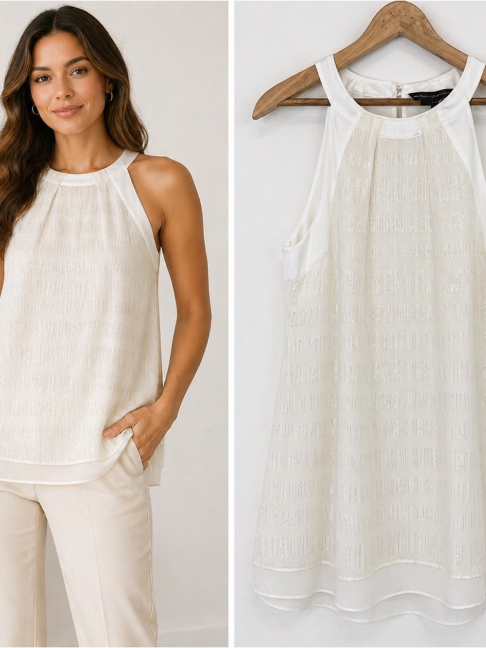 White House Black Market Silk Sleeveless Blouse Ivory Size 4 Shimmer Halter Top